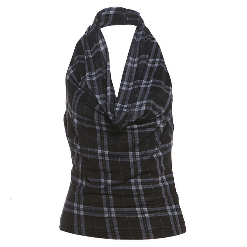 2025 Spring/Summer New Women's Fashion Street Style Sexy Sleeveless Halter Plaid Vest aad