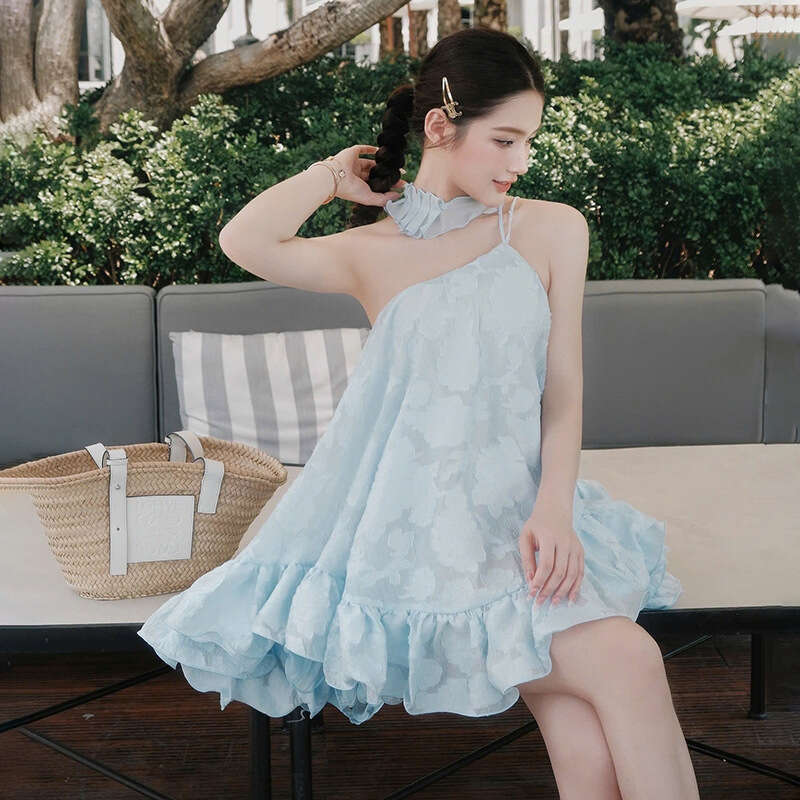 2025 Summer New Slim Gentle Style Solid Color Asymmetrical Off-Shoulder Sleeveless Backless Irregular Dress for Women baa