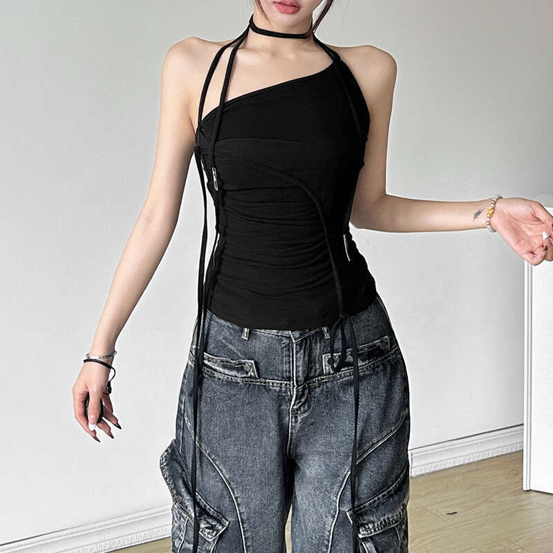2024 Summer New Women's Solid Color Slim Fit Street Fashion Halter Sexy Backless Tank Top 38e