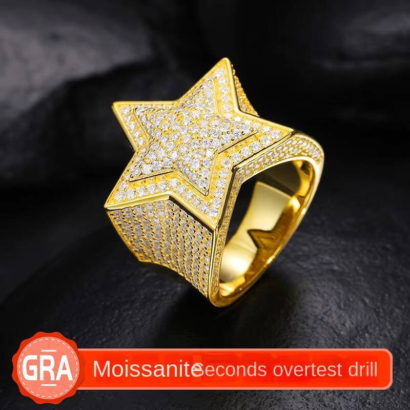S925 Sterling Silver VVS D Color Moissanite Ring Five-Pointed Star Hip Hop Fashion Jewelry Iced Wedding Ring for Men