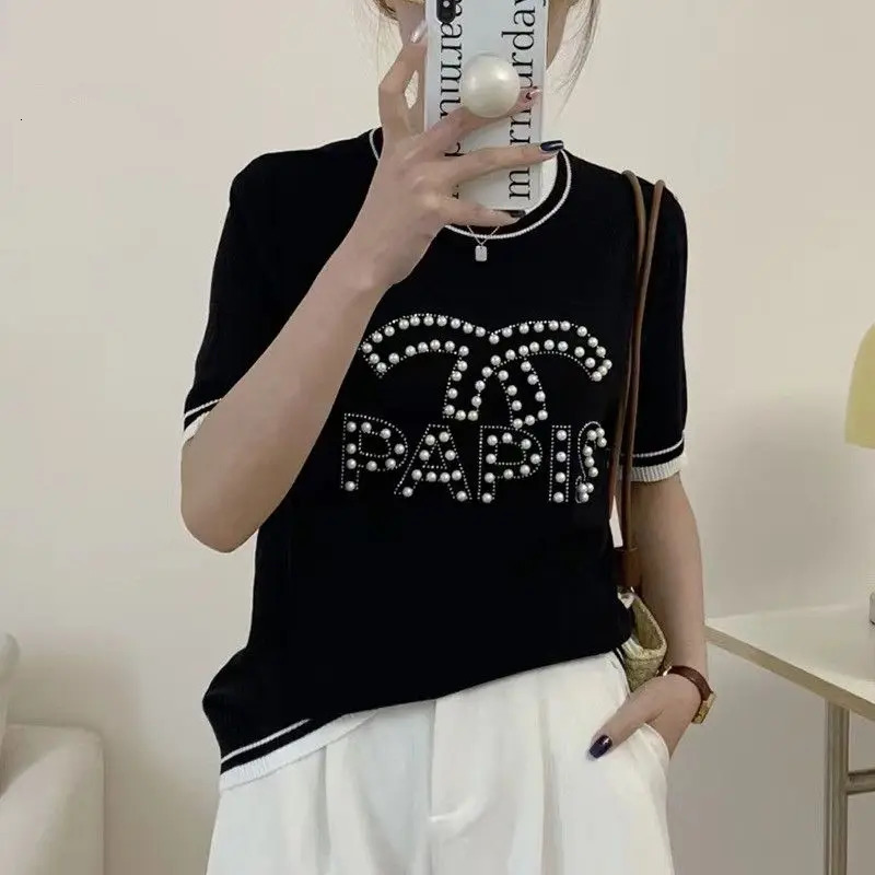 Summer Letter Pearl Embroidery T-shirt Women Vintage Fashion Sweet Casual Loose Tops Thin Breathable Pullovers 250724