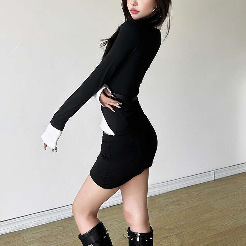 2024 Autumn New Women's Solid Color Slim Street Fashion Turn-Down Collar Long Sleeve Fake Two-Piece Top 2a8