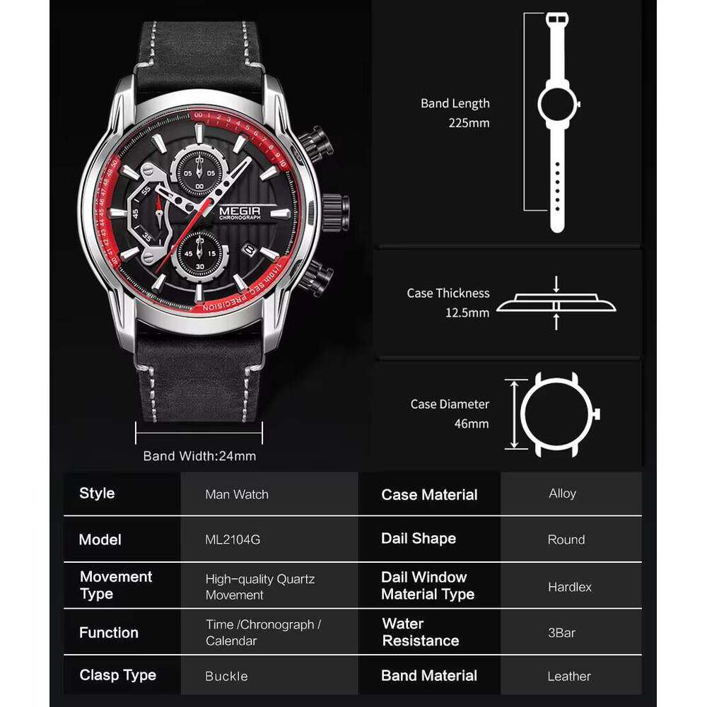 MEGIR Men's Oversized Chronograph Watch - 53mm Genuine Leather, Waterproof, Luminous - Bulk Wholesale Watch