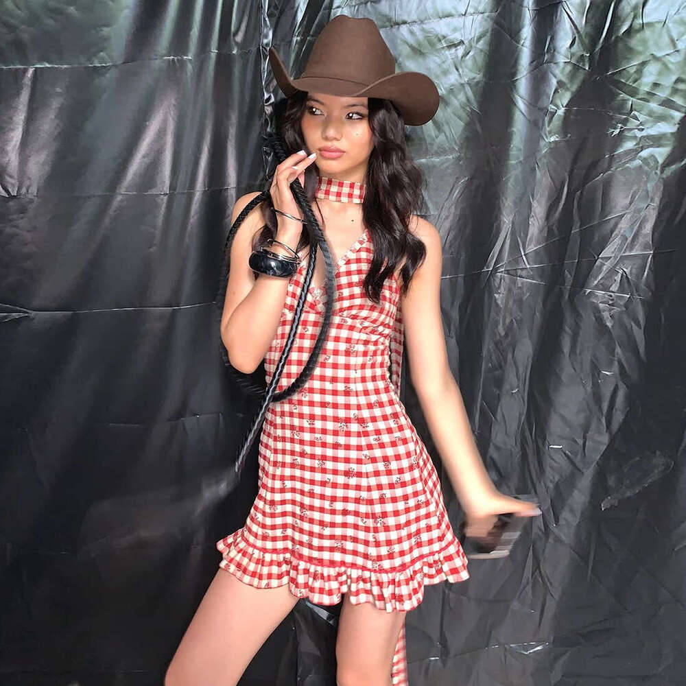 2025 Summer New Hot Girl Red Plaid Slim Fit Elegant Deep V Neck Halter Dress for Women 0b2