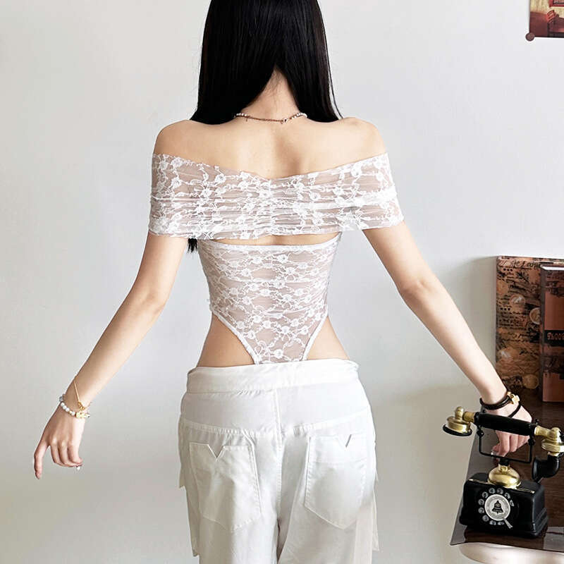 2025 Spring New Women's Solid Color Slim Fit Fashion Off-Shoulder Lace Mesh Jumpsuit 8af
