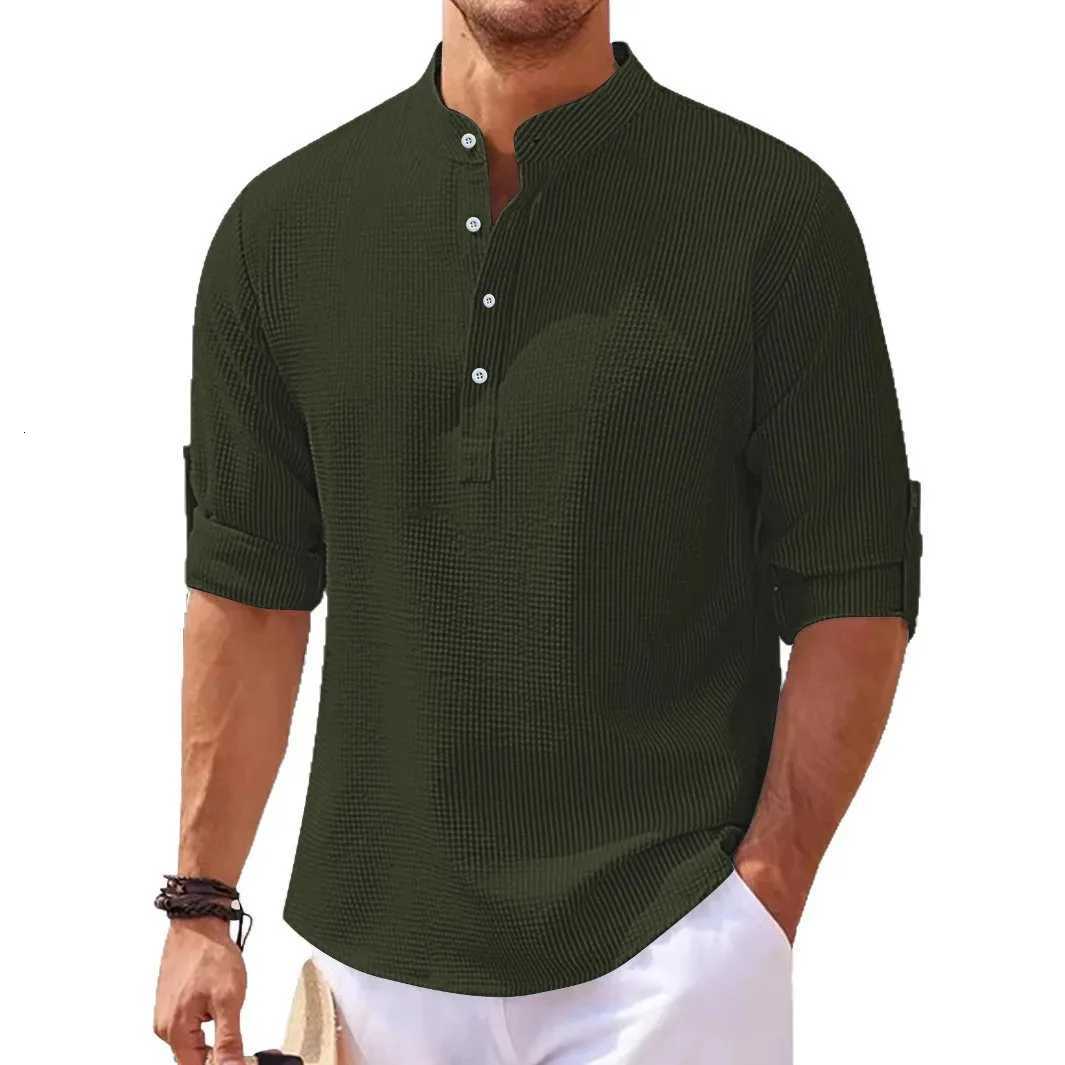 Summer Mens Medium Sleeve Polo Shirt Waffle Casual Loose Stand-Up Collar Button Polo Suit Mens XJ250725