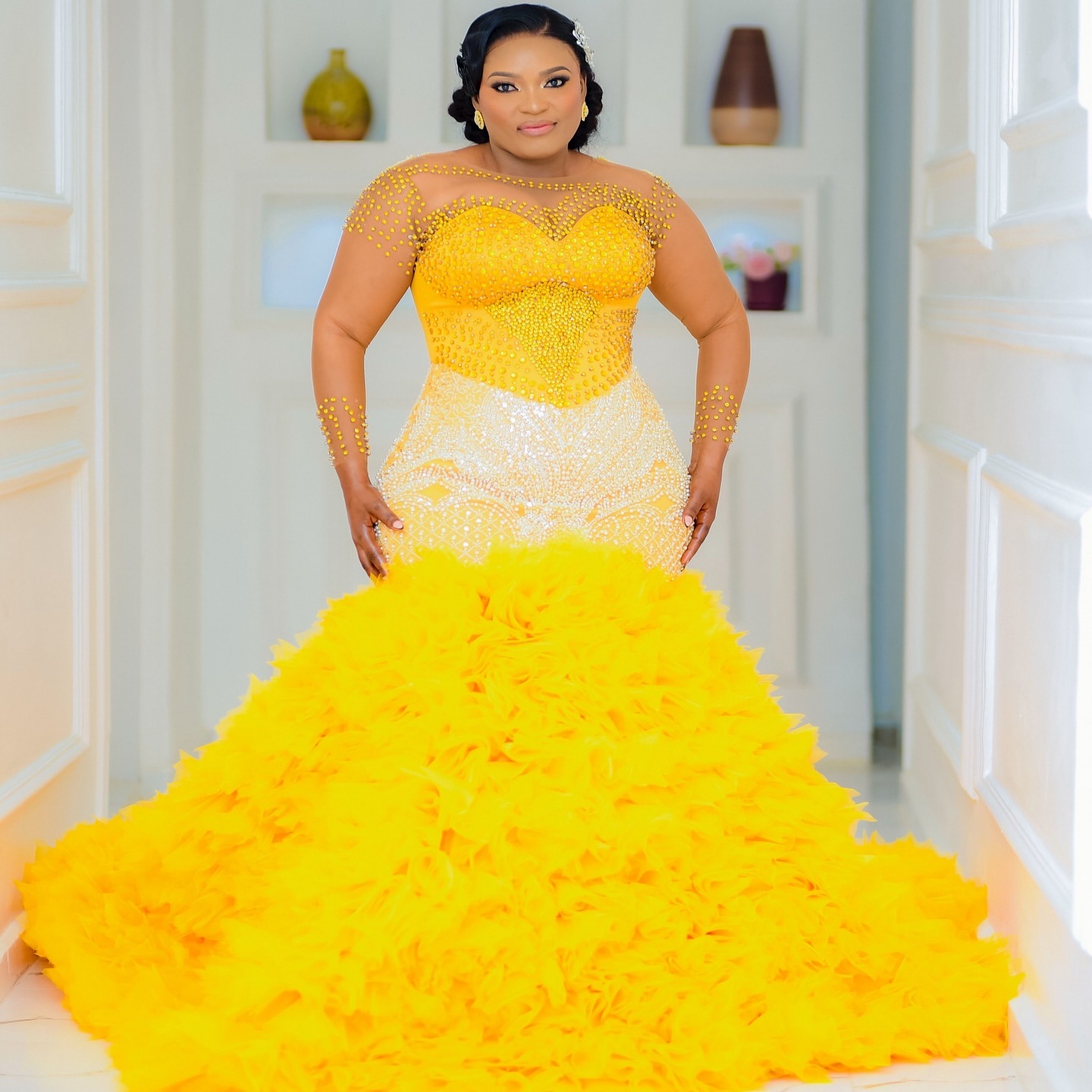 Mermaid Yellow Prom Dresses 2025 Crystals Beaded Tiers Tulle Luxurious Evening Formal Party Second Birthday Engagement Gowns Plus Size Dress For Speci