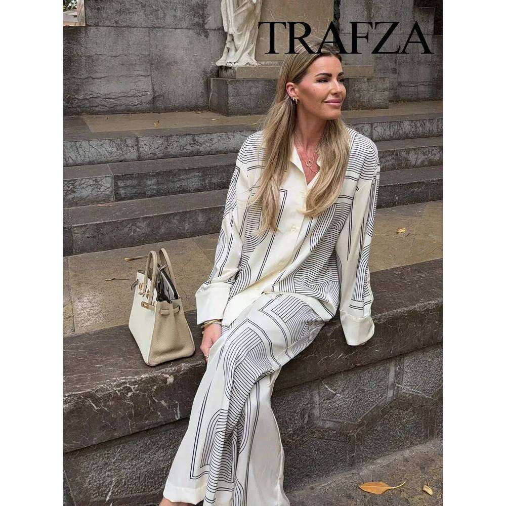 Designer Leisure High Quality TRAFZA 2025 Women Trouser Suit Turn-down Collar Sleeve Single-breasted Slim Print Shirt+High Waist Zipper Loose Long Pan