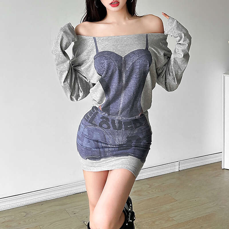 2024 Autumn New Women's Solid Color Slim Fit Fashion Off-Shoulder Printed Long Sleeve Dress 2c3