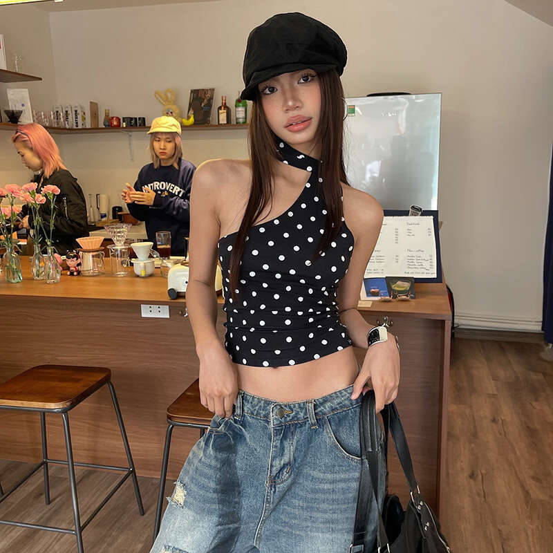 2025 Summer New Elegant Slim Fit Backless Slimming Halter Neck Polka Dot Print Versatile Women's Top d82