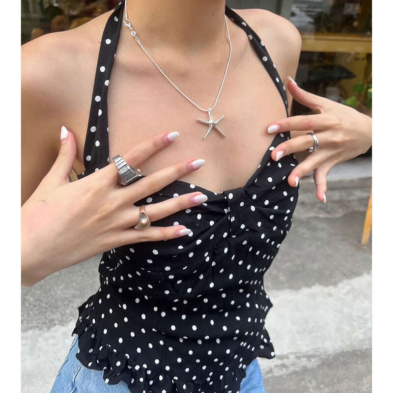2025 Spring New Women's Solid Color Slim Fit Fashion Halter Neck Sleeveless Polka Dot Backless Vest for Women 014
