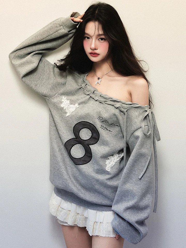 2K Streetwear Gray Sweatshirts Women Off Shoulder Loose Letter Pullovers Harajuku Retro Female Casual American Tops 250723