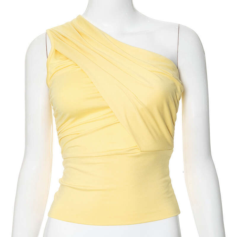 M24tp161 Women's Summer INS New Solid Color Sleeveless One-Shoulder Crop Slim Sexy Small Top For Women B5