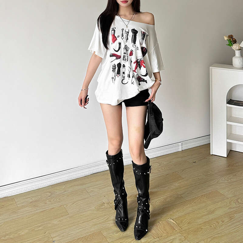 2024 Summer New Women's Solid Color Loose Street Fashion Asymmetrical Neck Short Sleeve Mid-Length Top 29b