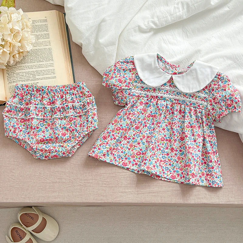 Summer Baby Girls Clothing Sets Puff Sleeve Top Floral Print Blouse PP Shorts Infant born Girl Clothes Suit Cherry Set 250725
