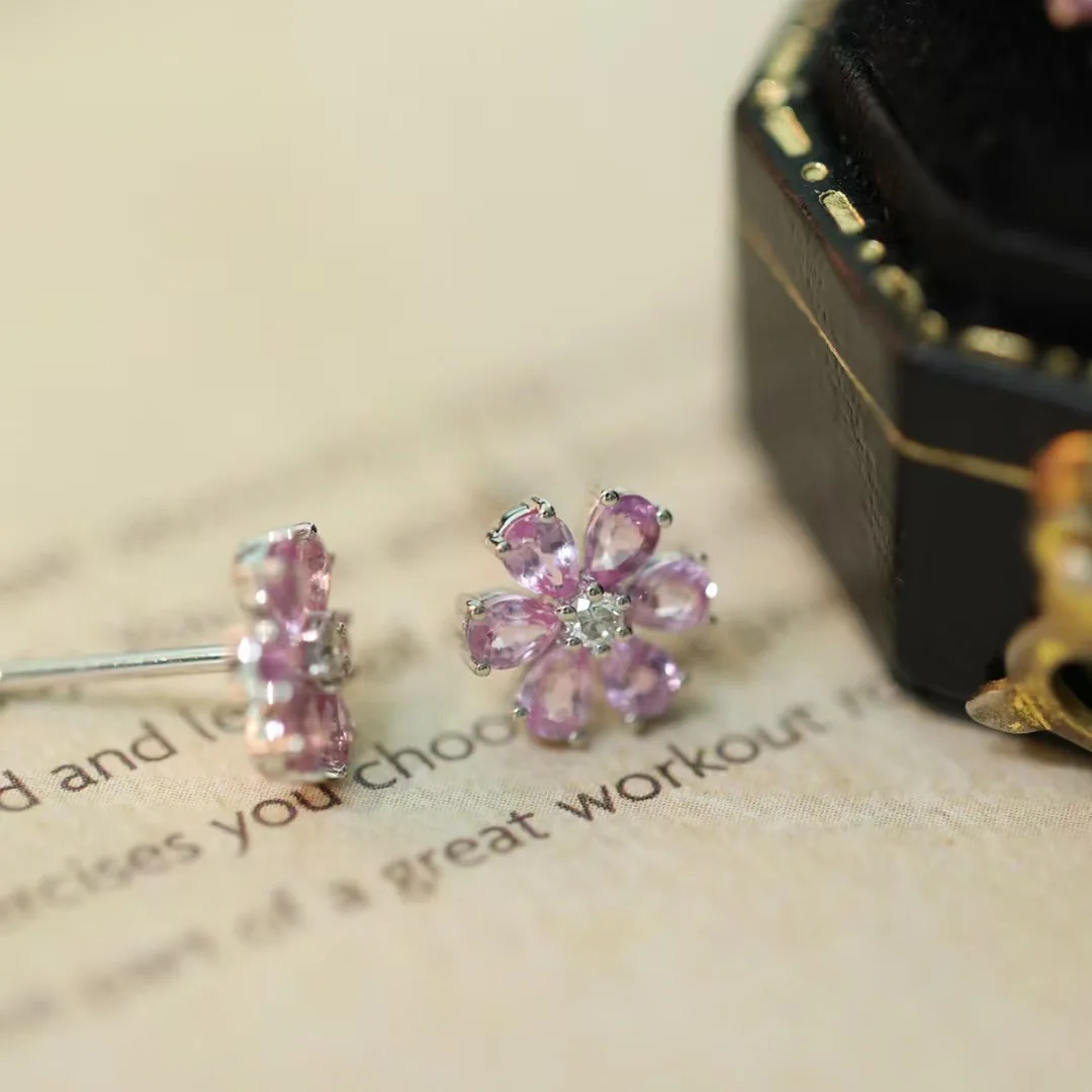 925 Silver Pink Tourmaline Flower Ear Stud Cherry Earrings Ins Sparkling Pink Crystal Ear Cuff For Gifts -selling s 250722