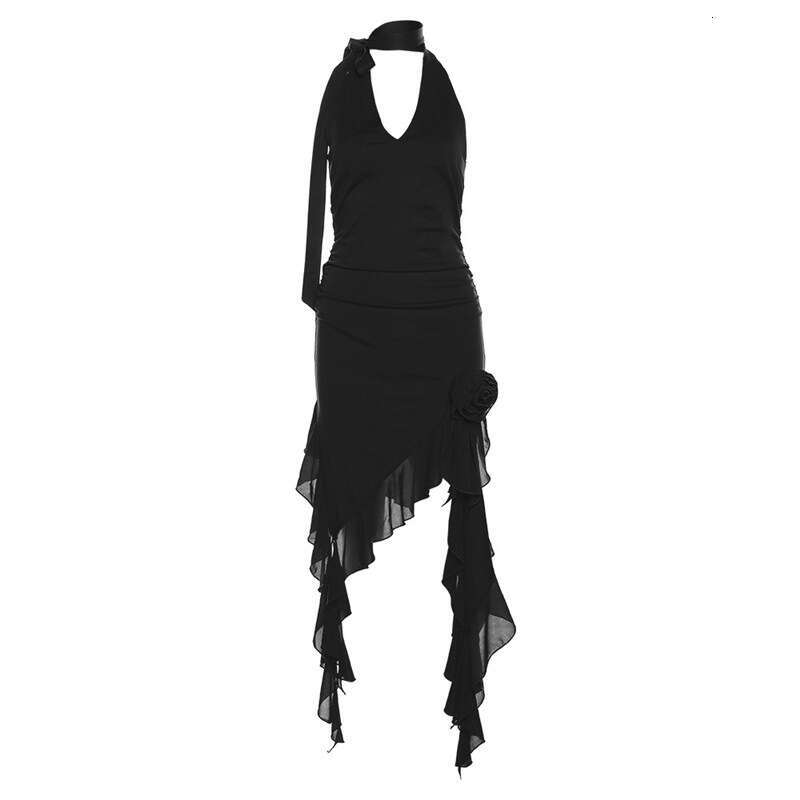 2023 Summer New Women's Solid Color Slim High Waist Fashion V-neck Halter Backless Dress e8d