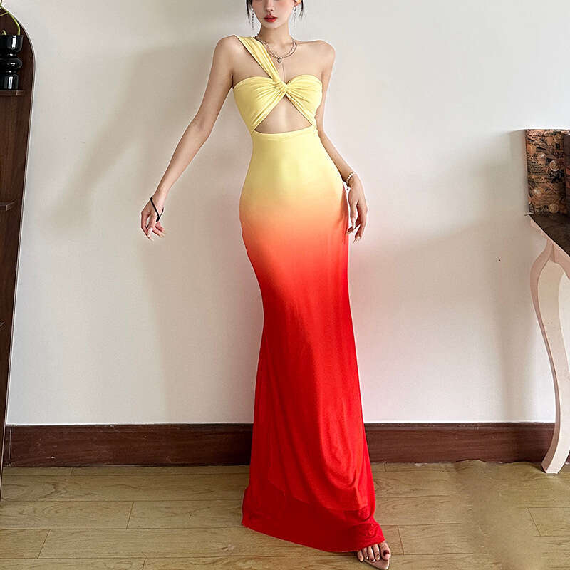 2025 Spring New Women's Solid Color Slim High Waist Fashion Single Shoulder Strap Sleeveless Dress 1fc
