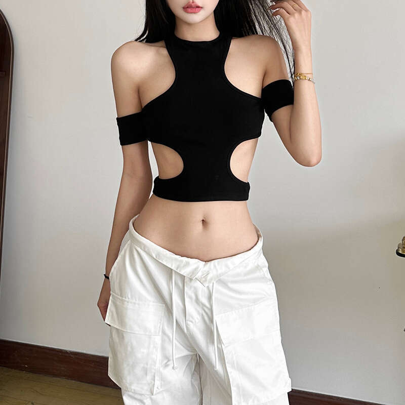 2025 Summer New Hollow Out Crop Halter Neck Slim Fit Versatile Tank Top T-Shirt for Women 6bd