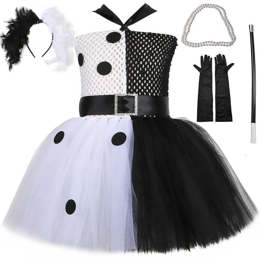 Cruella De Vil Tutu Dress Girls Dalmatians Black White Witch Cosplay Halloween Costume Kids Fancy Carnival Par Clothes Outfit Z250725