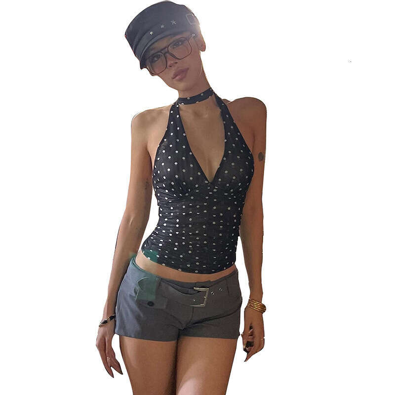 2025 Summer New Black Polka Dot Versatile Backless V-Neck Halter Tie Elegant Women's Top e15