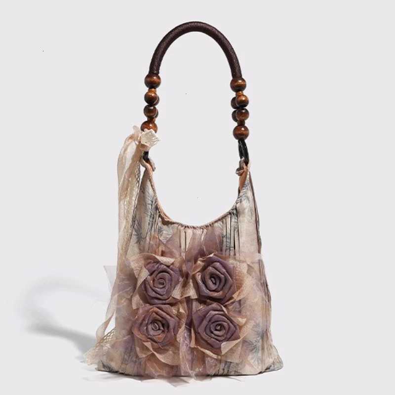 Chinese Style Rose Decor Shoulder Bags Fashion Commuter s Classic Pleated Handbags High Quality Women Underarm Bags Y250725