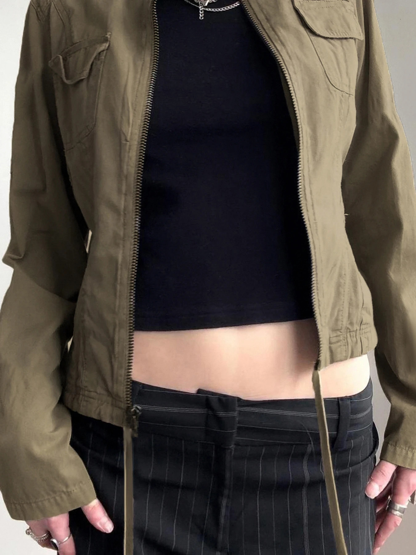 Rockmore Vintage Zip Up Stand Collar Cargo Jacket Women Autumn Harajuku Long Sleeve Streetwear Pockets Drawstring Hem Coats Y2K 250717