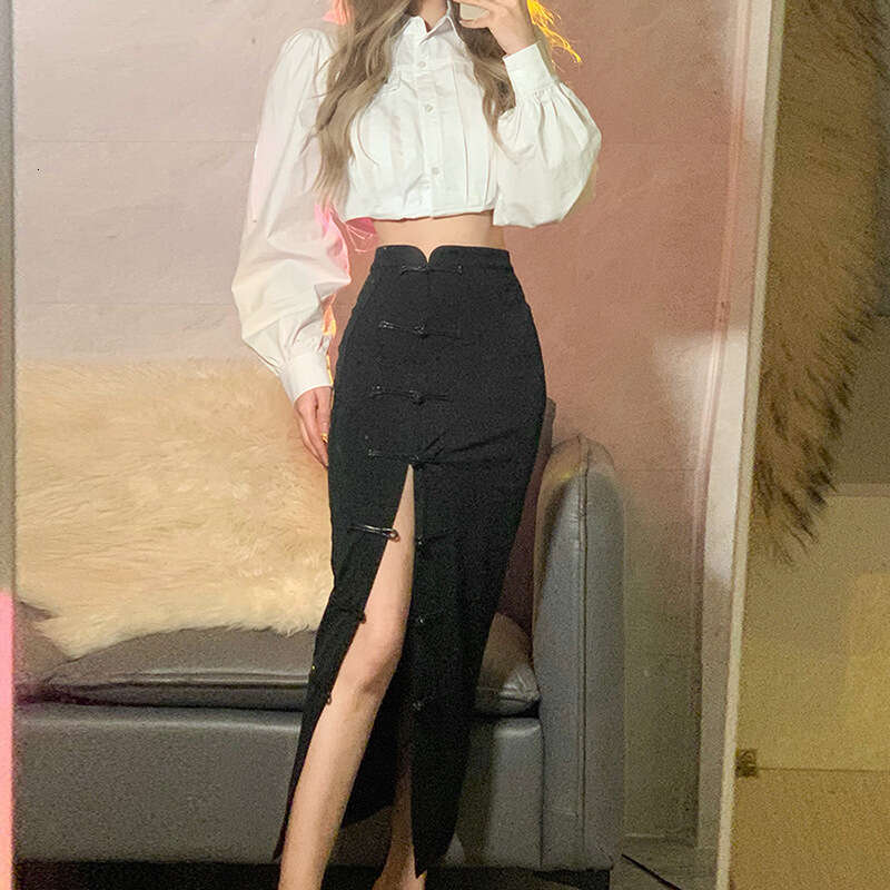 2022 Autumn Winter New Women's Solid Color Slim High Waist Bodycon Fashion Sexy Slit Midi Skirt 433
