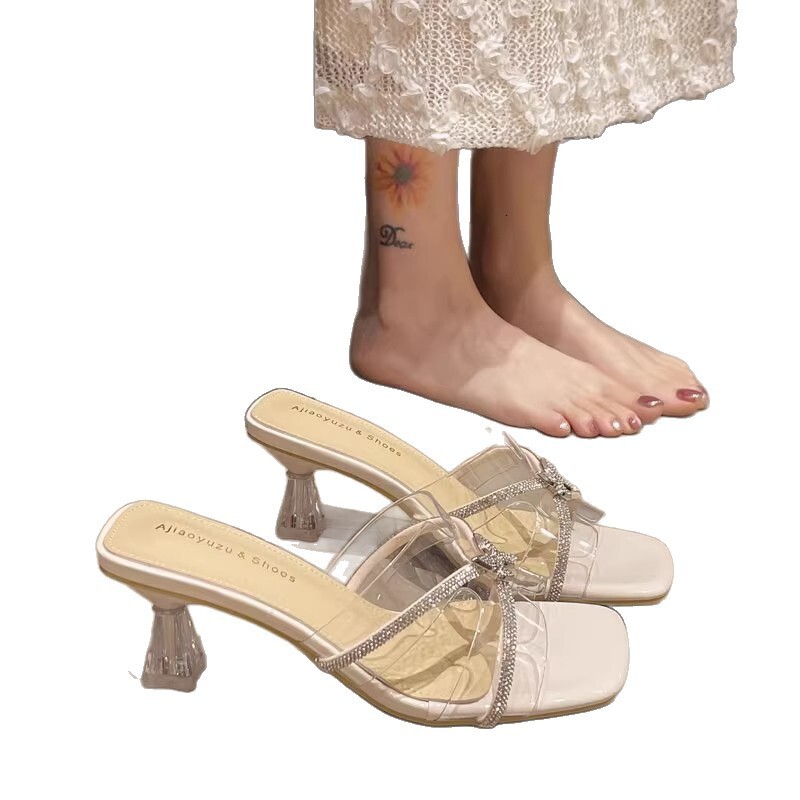 Ddmysports Rhinestone One Strap Fairy Style Sandals For Women Summer New Low Transparent Fashionable Elegant Crystal Heel High Heels Outdoor Shoes