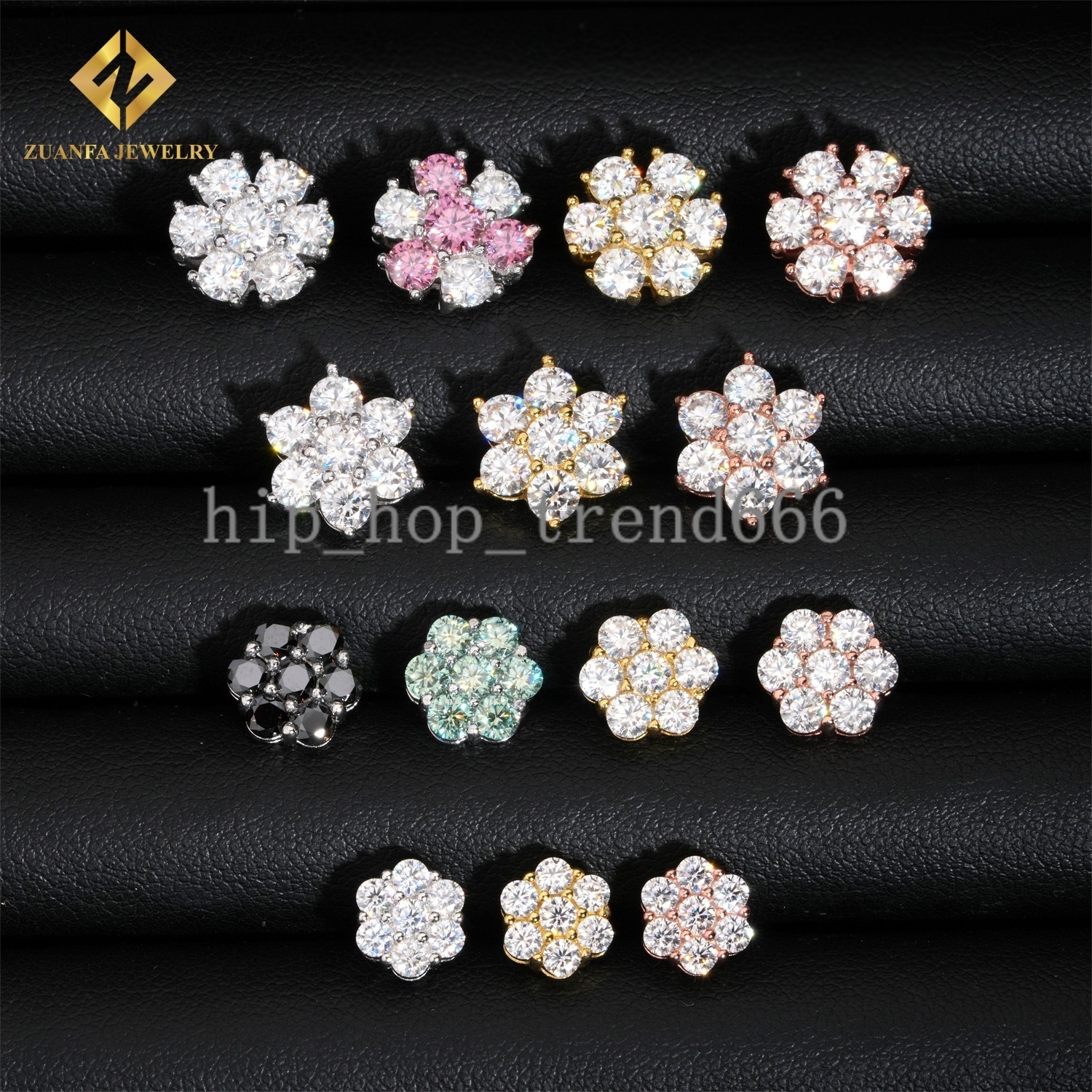Women Luxury Hot Sale Gold Plated Hip Hop Jewelry Multi Size 925 Sterling Silver Flower Cluster Moissanite Diamond Stud Earrings