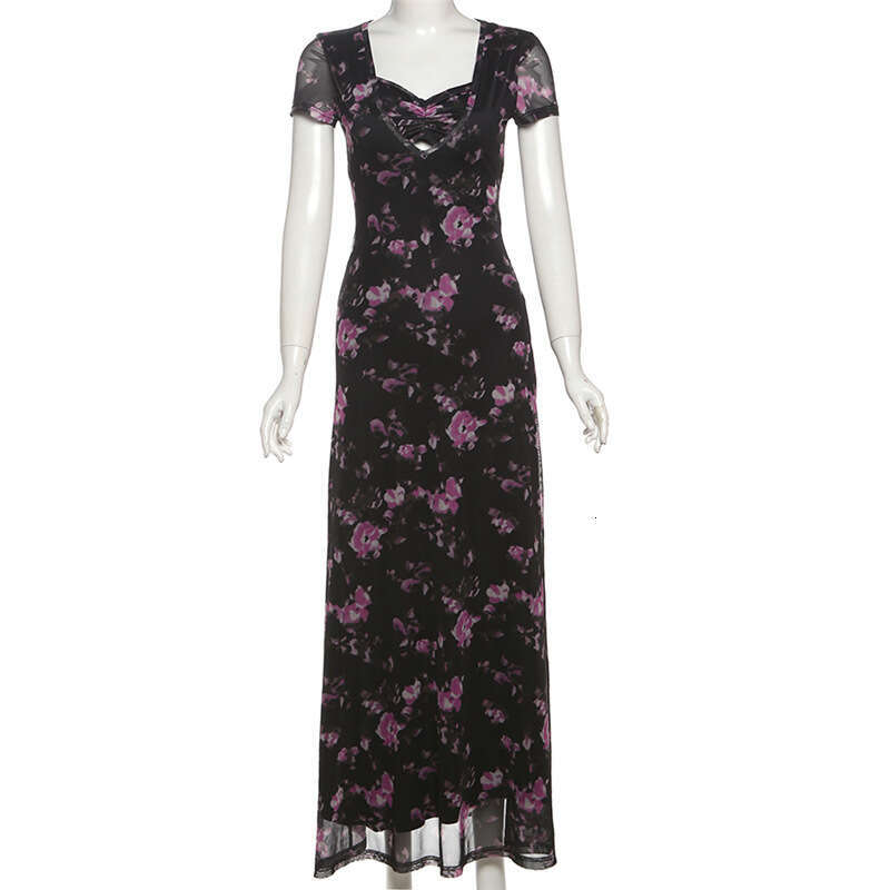 2025 Series Summer New Square Neck Floral Slim Fit Elegant Fashion Casual Long Dress for Women 76d