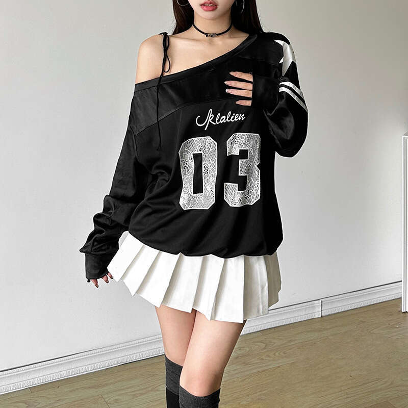 2024 Summer New Women's Solid Color Loose Street Fashion Asymmetrical Neck Long Sleeve Printed Top 133
