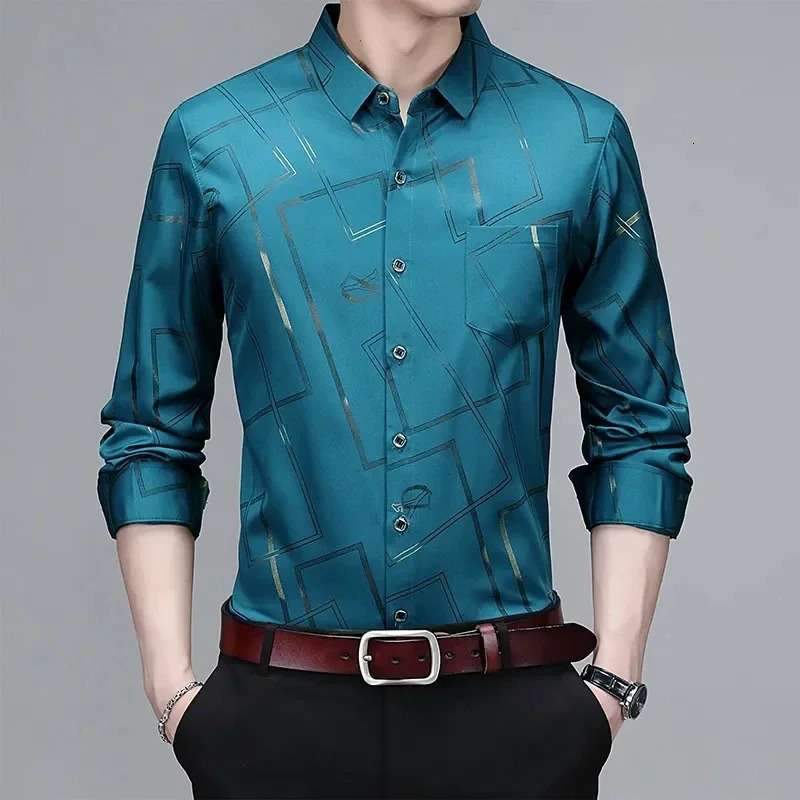 Mens Casual and Fashionable Long Sleeved Printed Shirt Non Ironing Wrinkle Resistant Business Top 250725