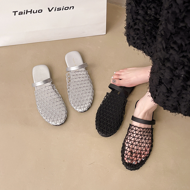 Ddmysports French Style Fishnet Toe Cap Half Slippers For Women Summer Outdoor New Mesh Hollow Woven Roman Sandals Outdoor Shoes