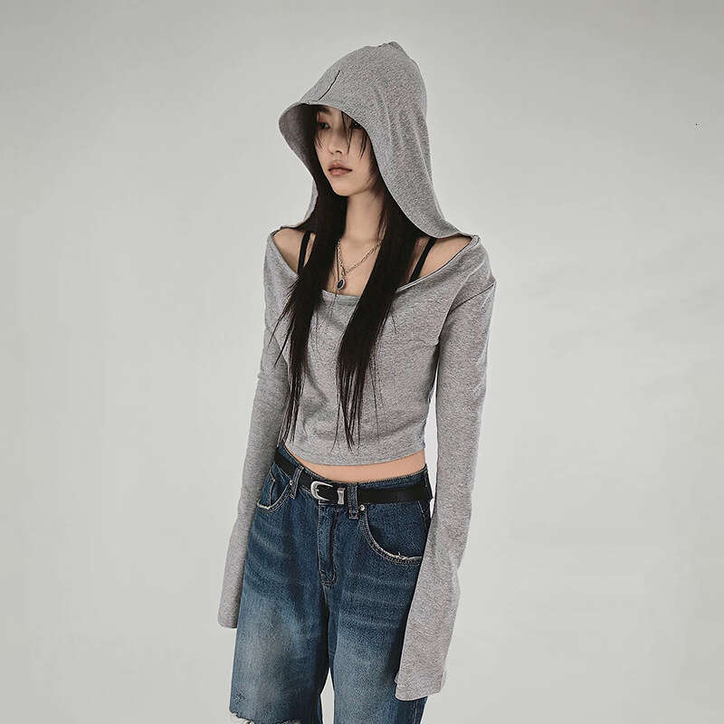 2024 Women's Summer New Solid Color Fashion Hooded Long Sleeve Slim Crop Top for Women 527