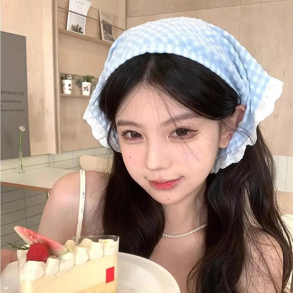 Lace Checkered Headbands Lace Triangle Turban Bandanas Plaid Triangular Headscarf Hairband Po Decoration Hair Accessories 250723