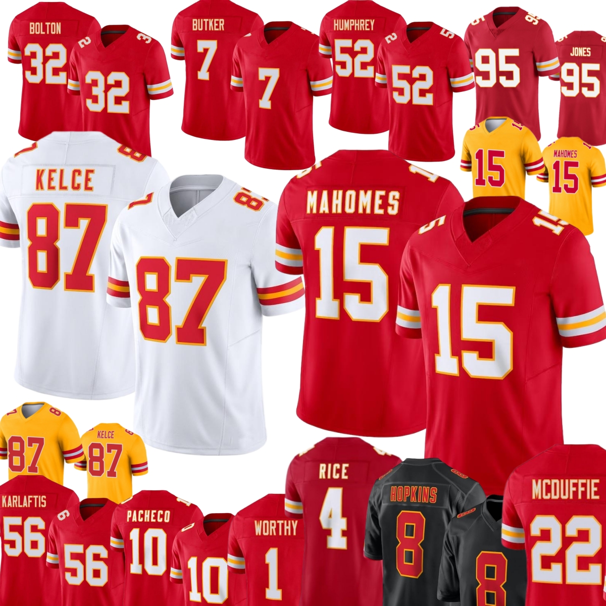 Patrick Mahomes Travis Kelce Isiah Pacheco Football Jersey Rashee Rice Xavier Worthy Harrison Butker Rees-Zammit Chris Jones Nick Bolton Trent McDuffie Karlaftis