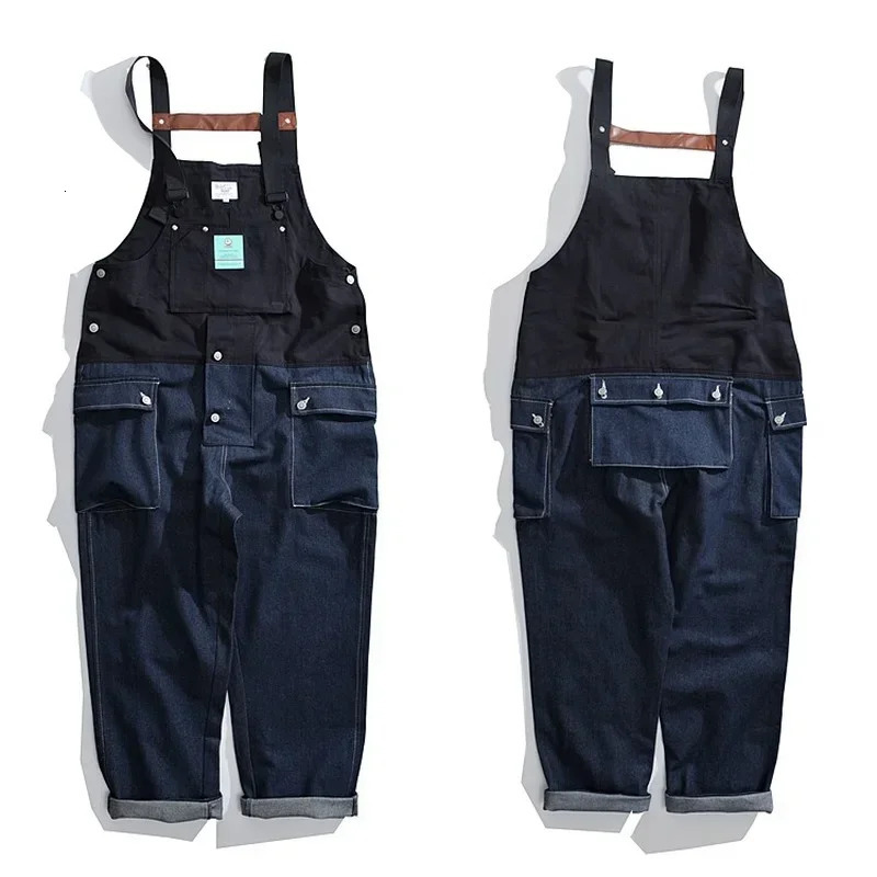 Men Jeans Color Matching Overalls Fashion Suspender Pants Daddy Denim Rompers Casual Baggy 250725
