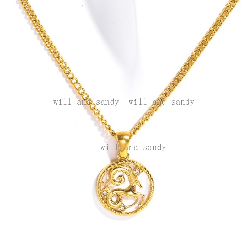18k Gold Zodiac Sign Necklace Gold Chain Designer Jewelry Cubic Zircon Waterproof Stainless Steel Horoscope Sign Coin Charm Necklaces for Woman Gift F