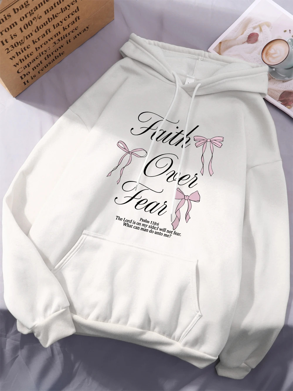 Pink Bow Faith Over Fear Printing Hoodie Winter Fleece Warm Hooded Fashion Pocket Tops Comfortable Loose Woman Clothes 250725