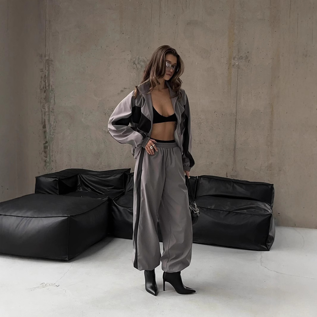 Womens Casual Set Fashion Loose Color Block Long Sleeve Zipper Cardigan Contrast Top Long Pants Sports Set