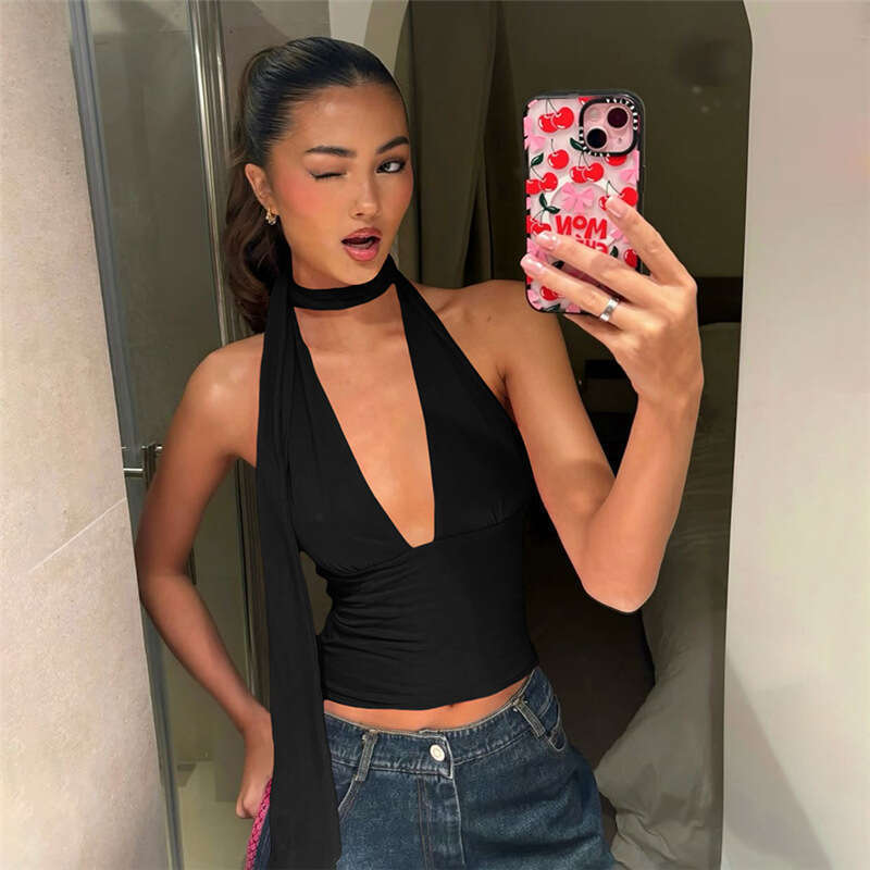 2025 Spring New Women's Solid Color Slim Fit Street Fashion V-neck Halter Backless Tank Top 0ac