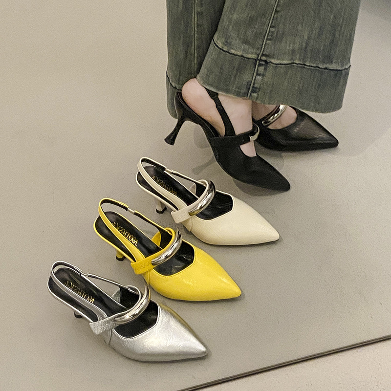 Ddmysports French Style Pointed Stiletto Heels With Silver Buckle For Women Spring Summer New Fashion Closed Toe Backless Sandals Outdoor Shoes