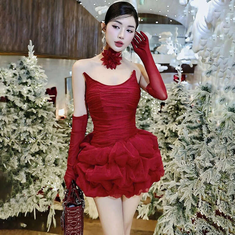 2024 Autumn Winter New Women's Solid Color Slim High Waist Fashion Off-Shoulder Tube Dress f4b