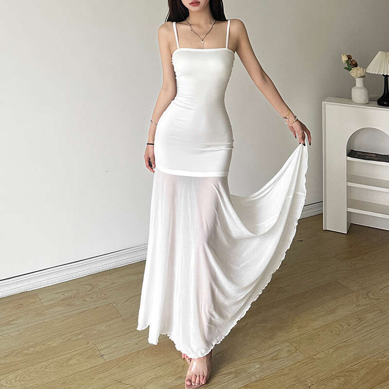 2024 Summer New Women's Solid Color Slim Fit Street Fashion High Waist Strap Sleeveless Dress 1fd