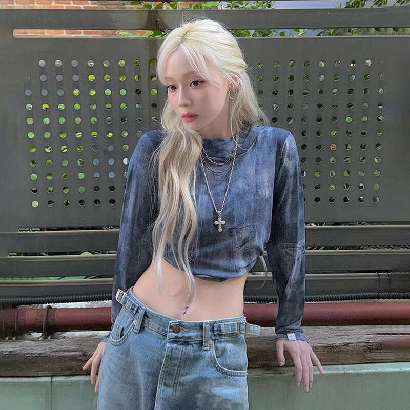 2024 Autumn New Street Fashion Sexy Long Sleeve Round Neck Slim Fit Crop Top T-Shirt for Women de8