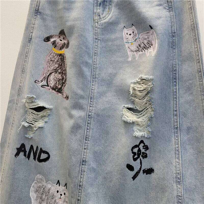 Women's Denim Skirts Cat Dog Printed Broken Holes Split A-Line High Waist Long Skirt Summer 2025 New Fashion 29A1481