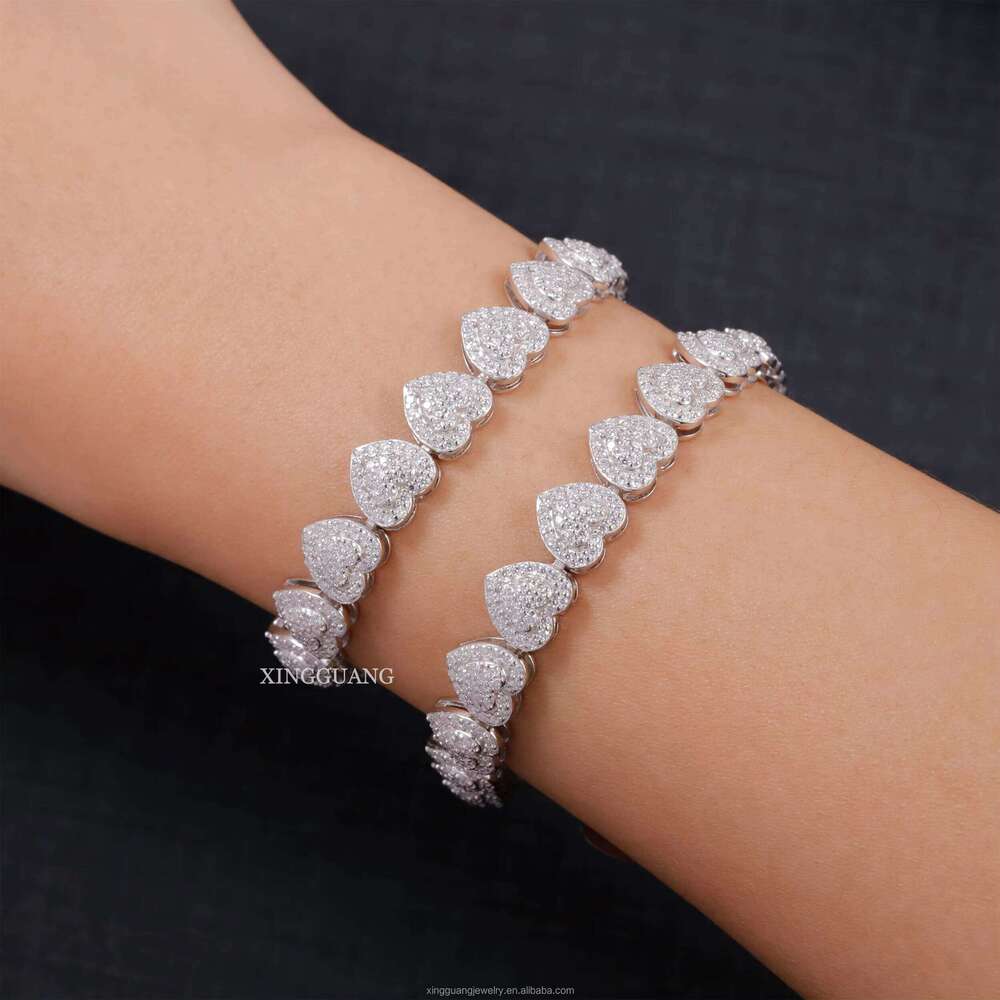 Spring Clasp 10MM Wide Heart Real Gold Plated Sier Pass Dia Test VVS Moissanite Cuban Link Chain Women Bracelet