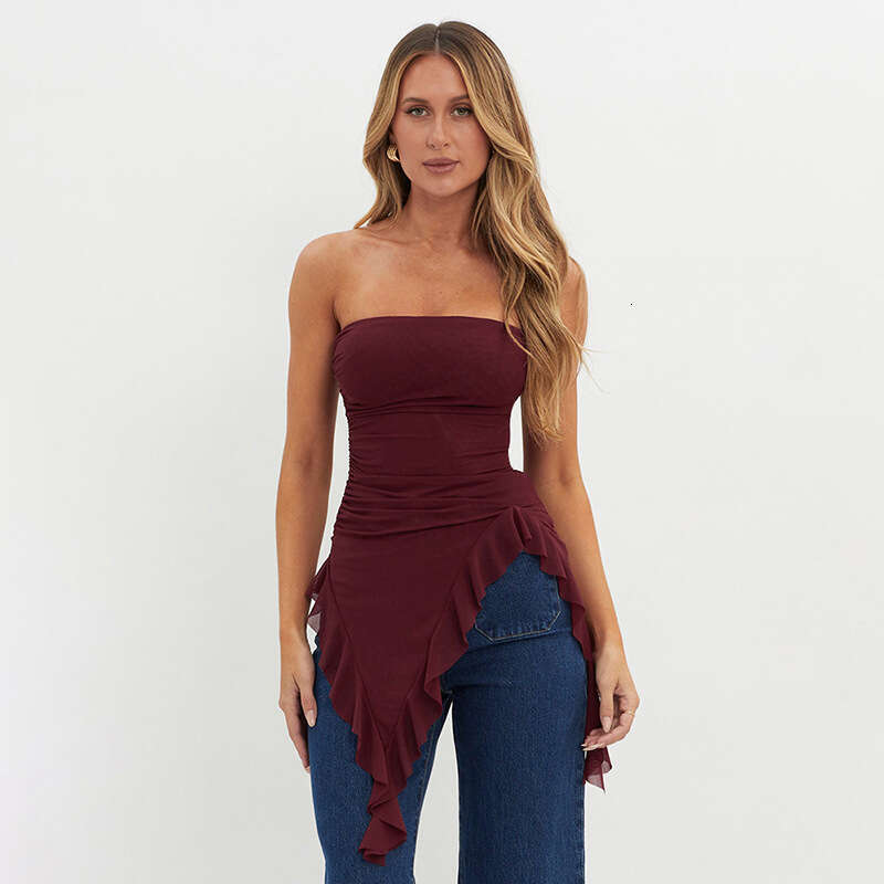 M23tp707 Women's Winter New Mesh Off-Shoulder Tube Top Backless Ruffled Blouse T-Shirt B5