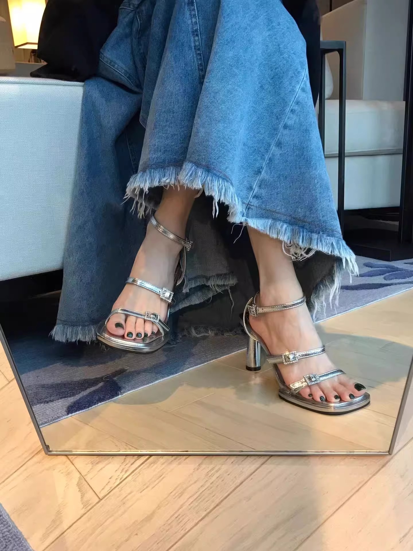 Ddmysports Rhinestone Elegant Sandals For Women New Summer Silver Square Open Toe One Strap Thick Heel High Heels Outdoor Shoes